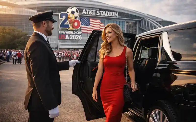 AI Image of Chauffeur opening a black Cadillac Escalade for an elegant woman arriving to attend a football match during FIFA World Cup 2026.